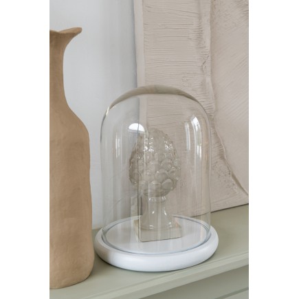 Cloche décorative socle blanc en verre transparent 23x23x29 cm